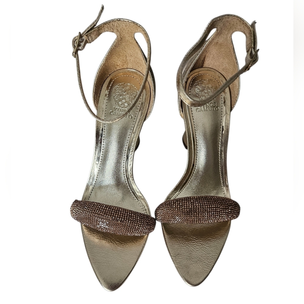 Vince Camuto Metallic Gold Ankle-Strap Heels with Embellished Toe Band Size 5.5